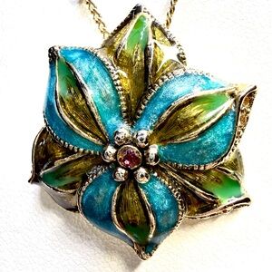 Monet Necklace Size 16-18 Adjustable Blue Floral Enamel & Rhinestones Vintage